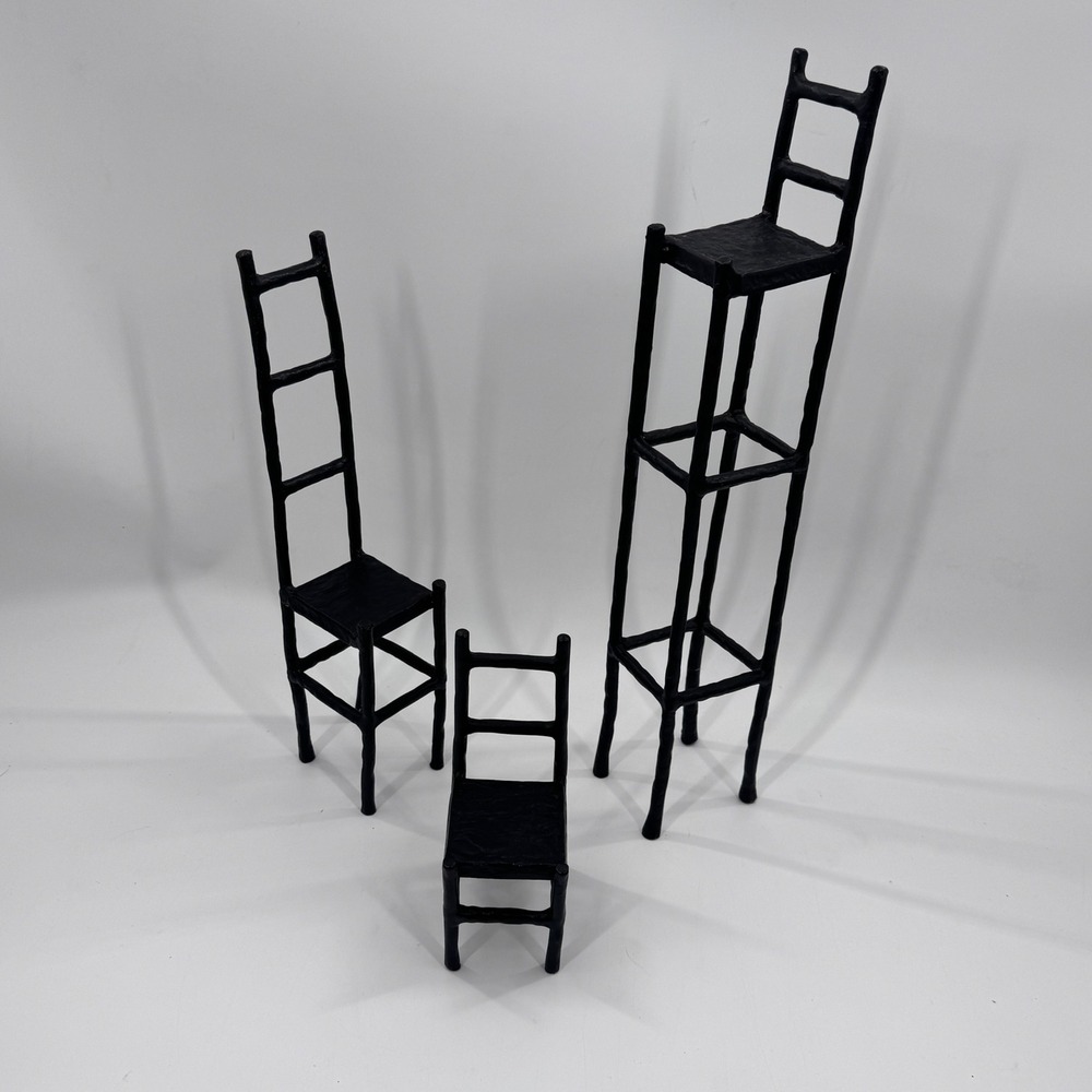 Set of 3 Heavy Metal Ladder-Back Chair Sculptures Modern Abstract Art